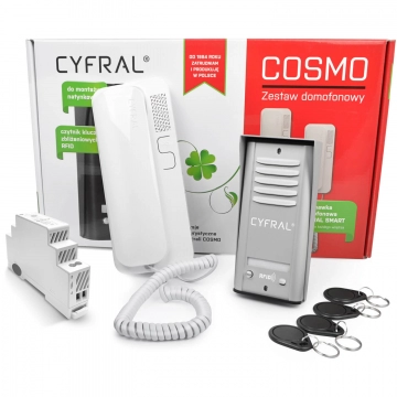 COSMO R1 DC CYFRAL Zestaw domofonowy z czytnikiem kluczy RFID i jednym przyciskiem wywołania, kaseta srebrna
