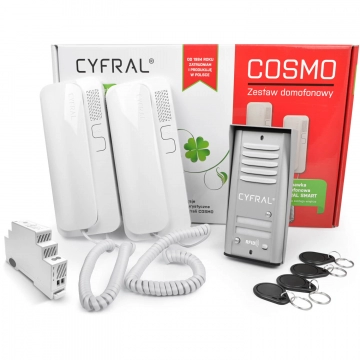 COSMO R2 DC CYFRAL Zestaw domofonowy dwurodzinny z czytnikiem kluczy RFID, srebrna kaseta