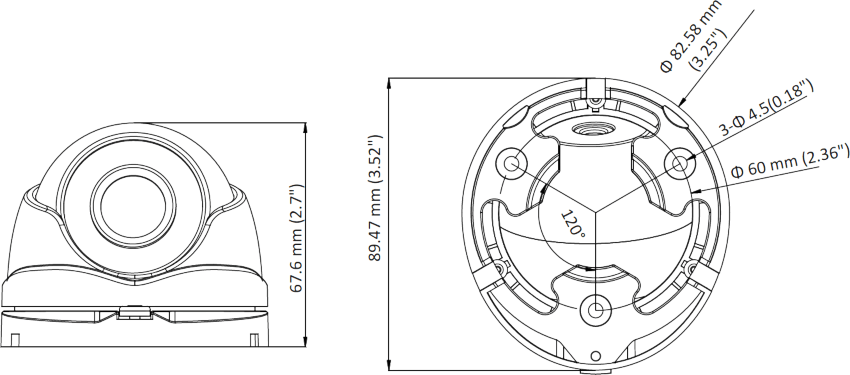 Wymiary kamery kopułkowej DS-2CE56D0T-IRMF HIKVISION