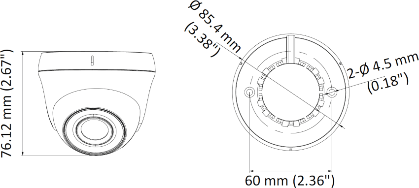 Wymiary kamery kopułkowej DS-2CE56H0T-ITPF HIKVISION