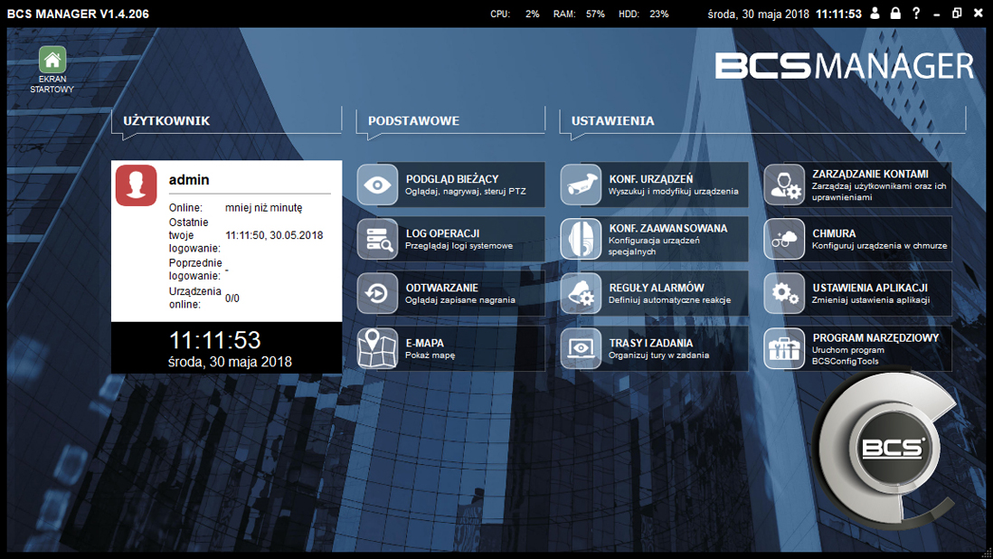 Najnowsza wersja aplikacji BCS Manager 1.4 dostępna na fonex.pl - ekran startowy