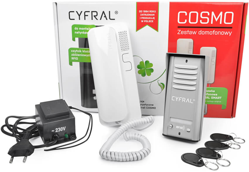 Zestaw domofonowy COSMO R1 CYFRAL - czytnik kluczy RFID, jeden przycisk wywołania, srebrna ramka