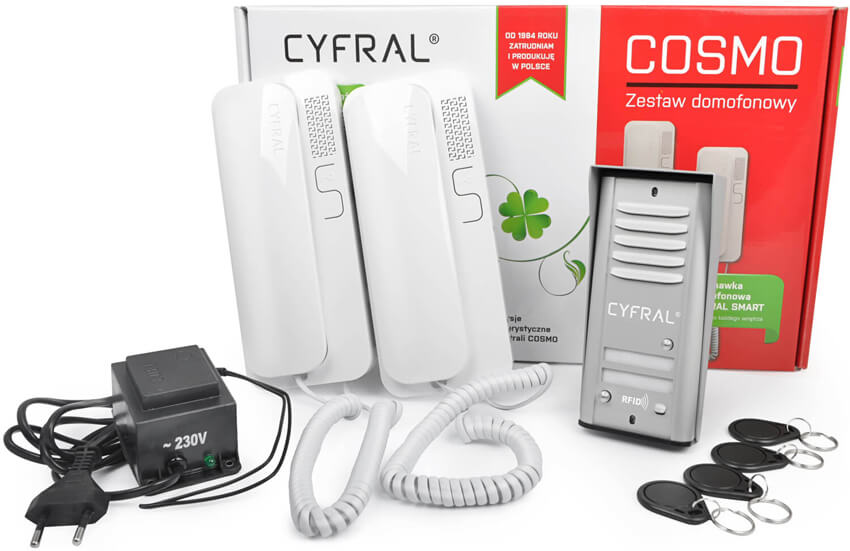 Zestaw domofonowy COSMO R2 CYFRAL - czytnik kluczy RFID, dwa przyciski wywołania, srebrna kaseta