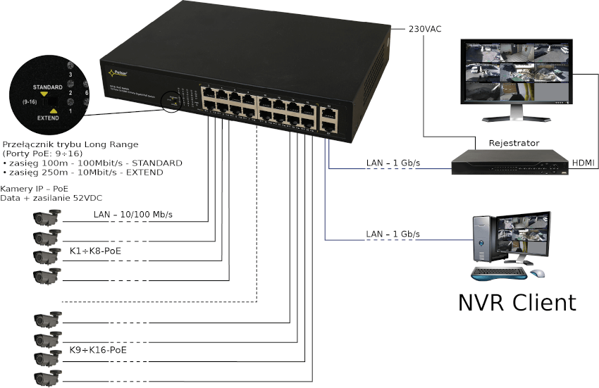 Przykład podłączenia switcha'a S116 PULSAR dla kamer IP