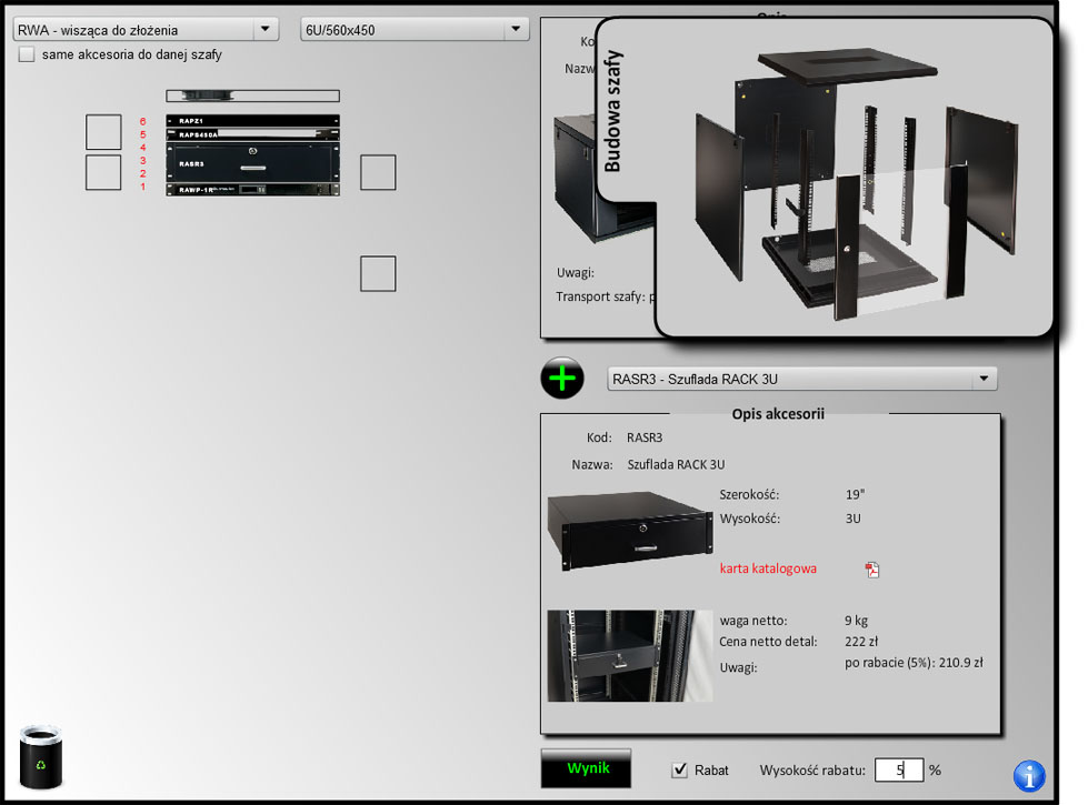 Program Konfi-RACK - przyporządkowanie konkretnych akcesoriów do danego modelu szafy