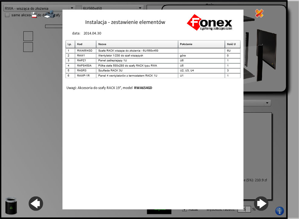 Program Konfi-RACK - instalacja - zestawienie elementów