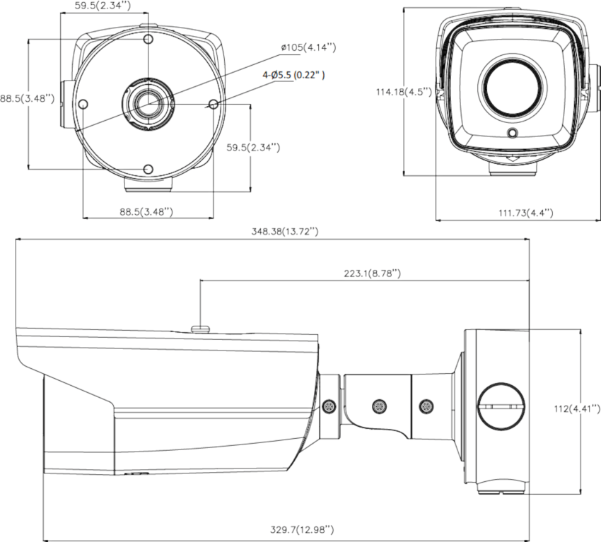 Wymiary kamery tubowej HIKVISION DS-2CD4A26FWD-IZS/P